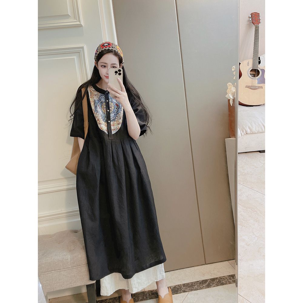 Ice cotton linen pick-up leak counter return tail order in stitching cotton linen short-sleeved dress women loose casual slimmer