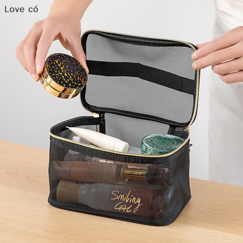 Love có túi trang điểm lưới túi đựng mỹ phẩm màu đen và trái tim túi có dây kéo di động túi giặt love