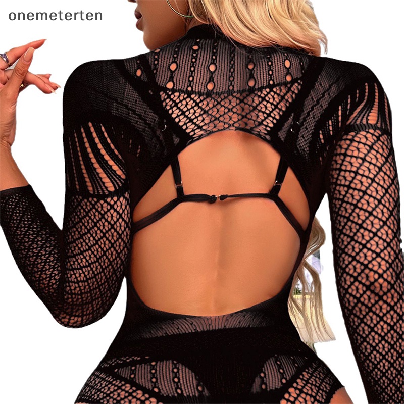 Rten long-tay hở lưng bãi biển sexy phối cảnh quần áo lưới thun bó sát khiêu dâm đồ lót lưới cá phụ nữ bodysuit n