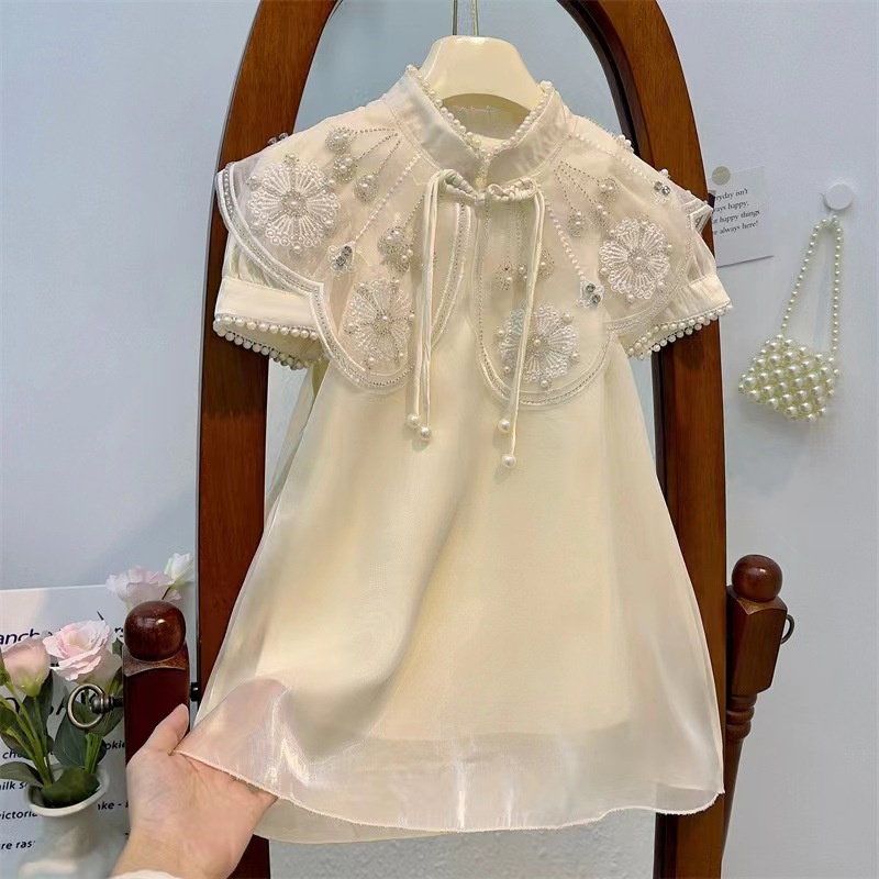 Cô gái retro heavy industry dress 2023 mùa hè phong cách mới trẻ em phong cách phương tây đám mây vai sườn xám bé ngắn tay-váy công chúa