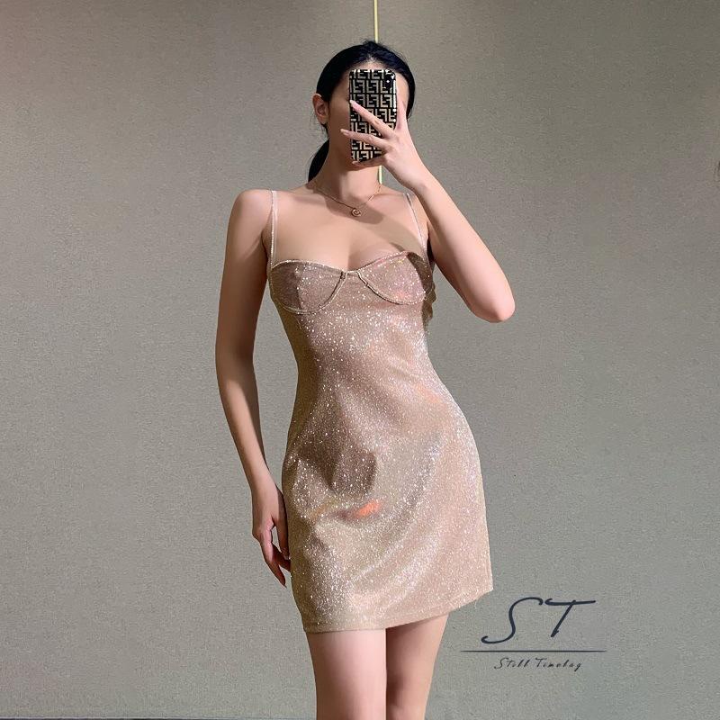 Cy03-womenfemale glitter dress không tay spaghetti strap package hip one-piece casual dress