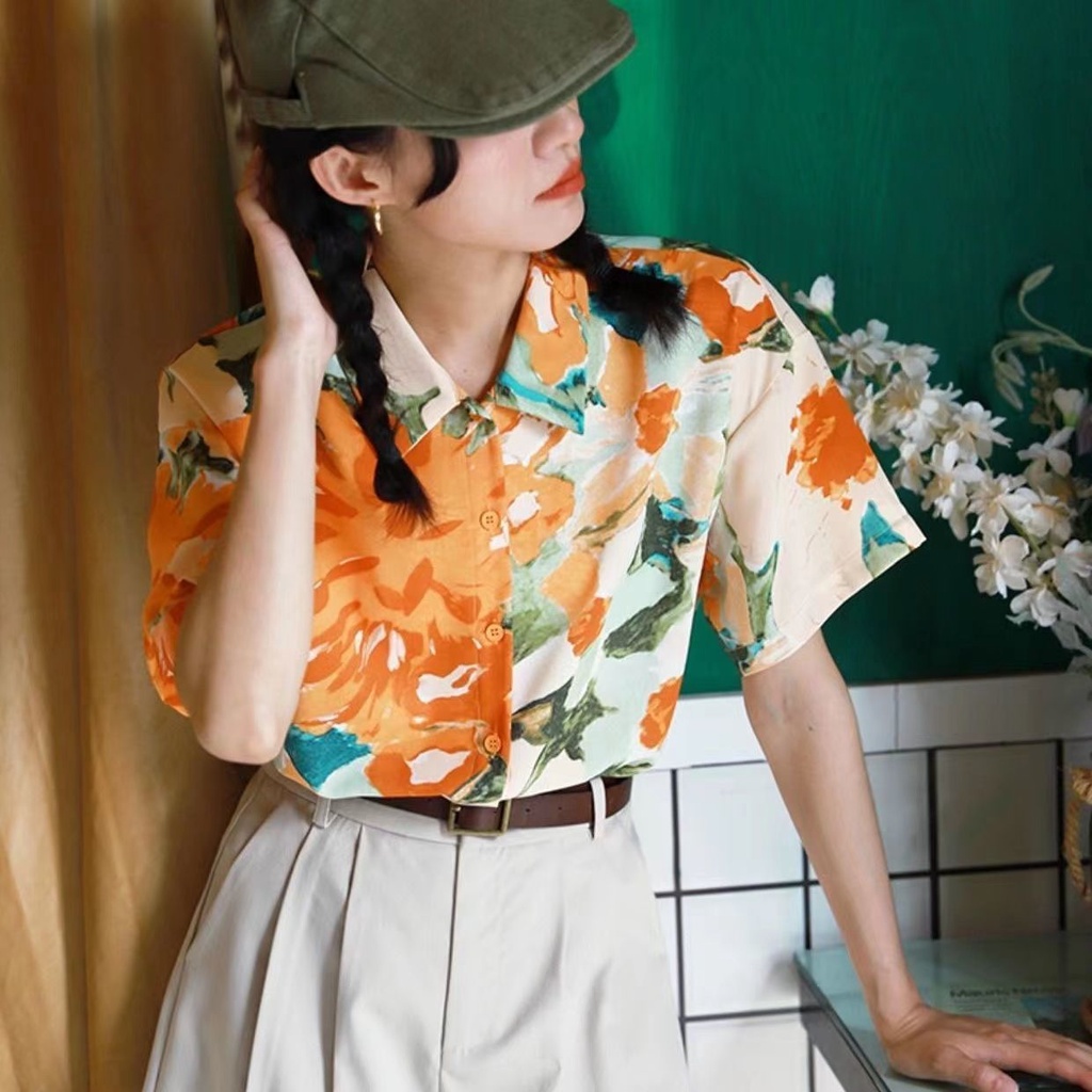 Áo Sơ Mi Chiffon Tay Lửng Nhuộm Họa Tiết Hoa Phong Cách Hàn Quốc Thời Trang Mùa Hè Cho Nữ
