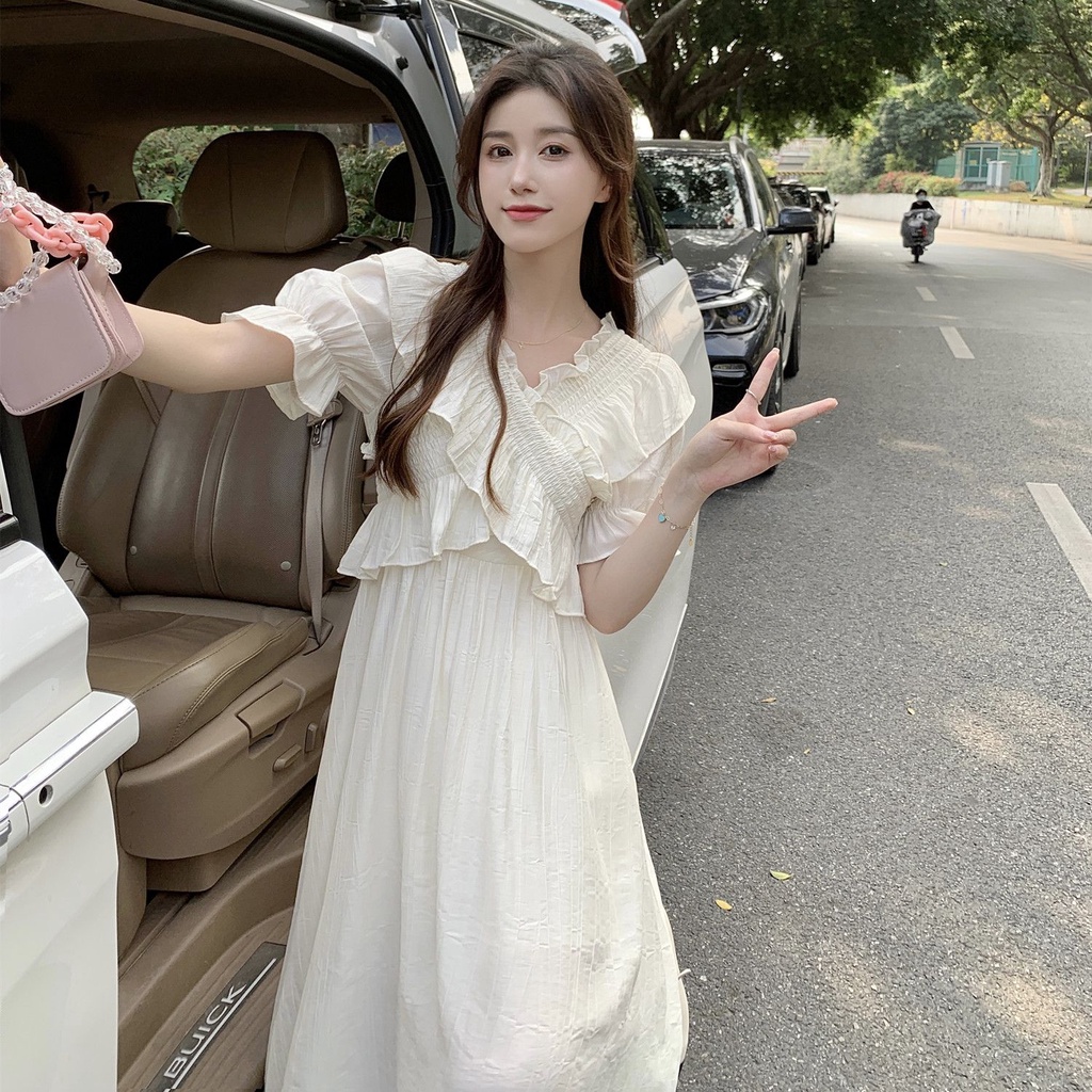 Đầm Midi Tay Phồng Ngắn Cổ Chữ V Thời Trang Hàn Quốc Xinh Xắn Cho Nữ