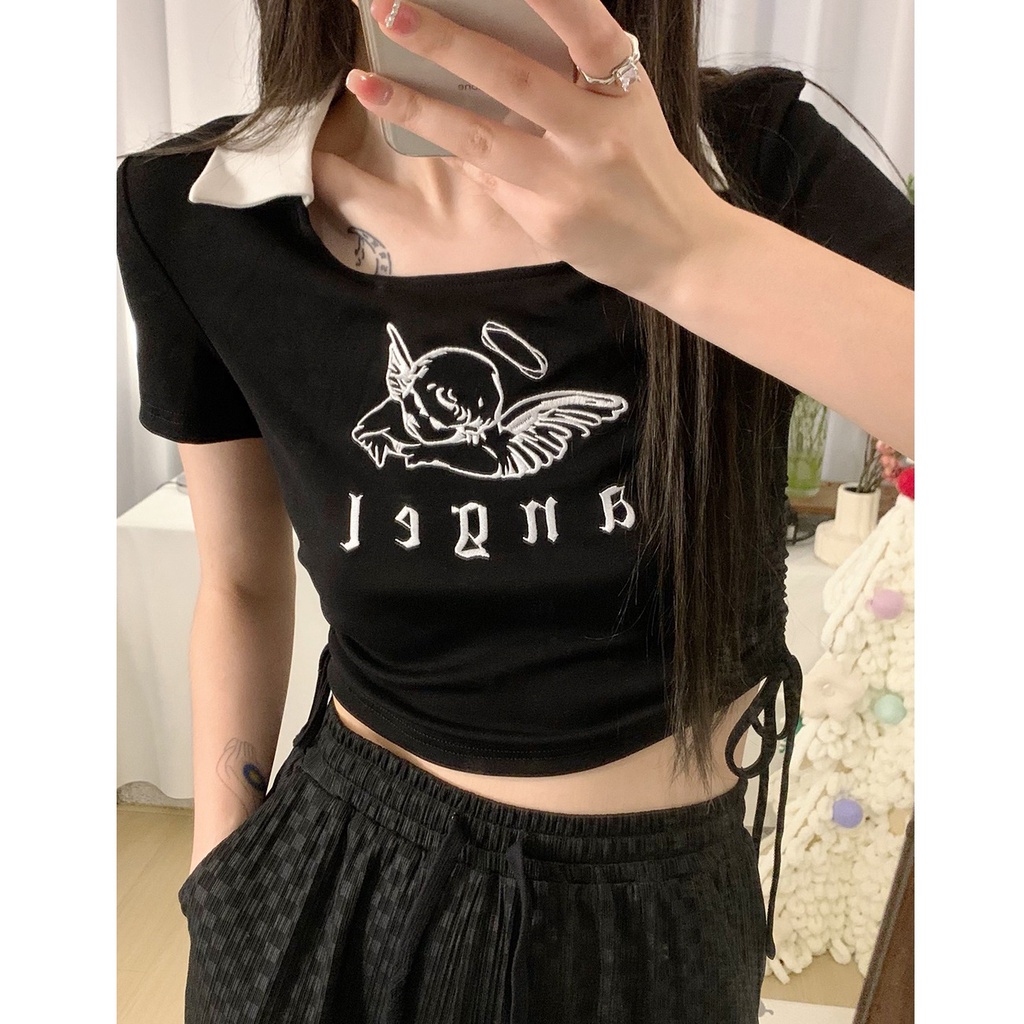 Áo polo Tay Ngắn Dáng Rộng In Họa Tiết Độc Đáo Phong Cách Hàn Quốc Thời Trang Cho Nữ