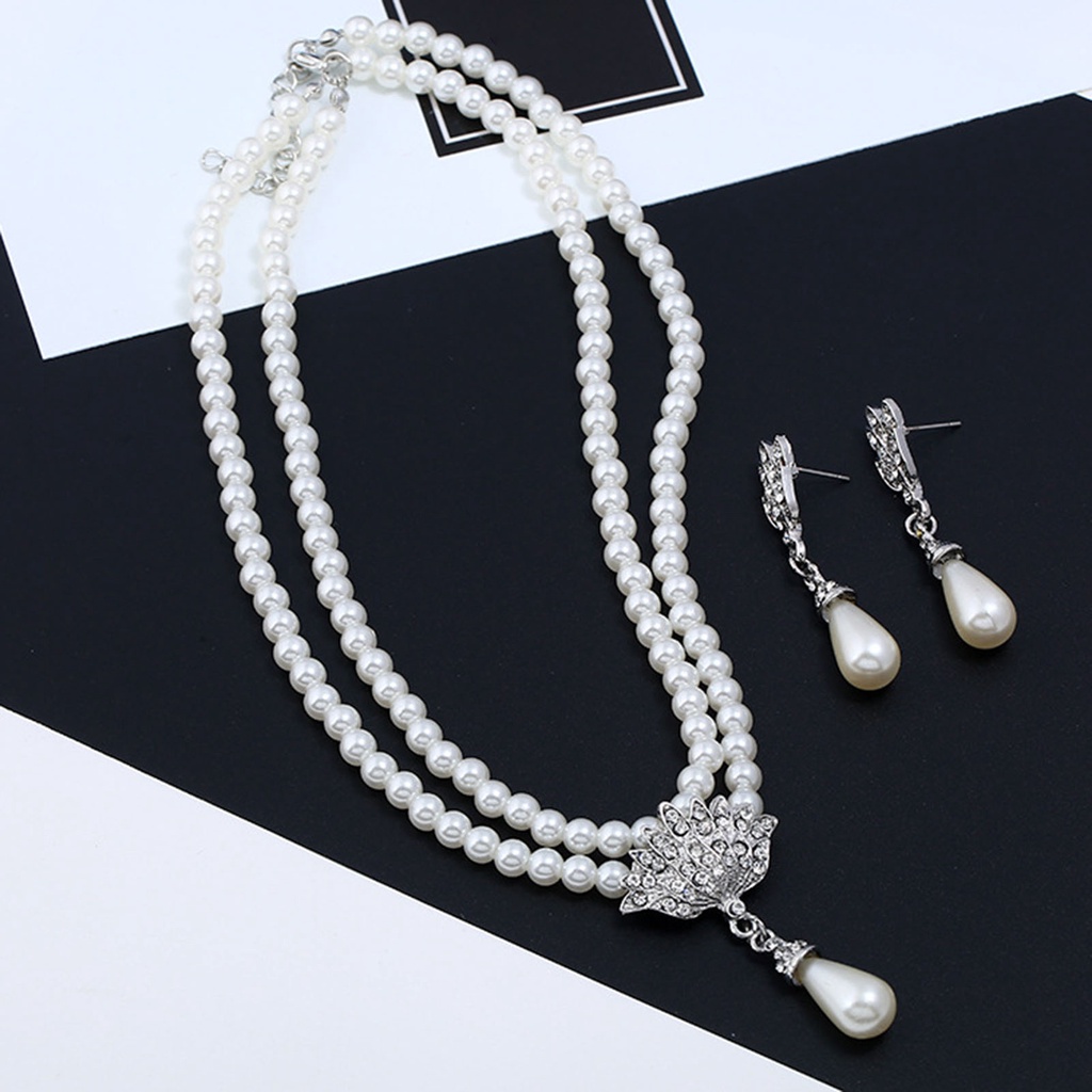 1 Bộ Vòng cổ + Bông Tai Hai Lớp Đính Ngọc Trai Nhân Tạo Dáng Dài Có Thể Điều Chỉnh