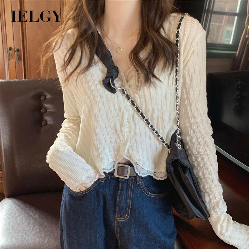 IELGY  Áo Sơ Mi Chống Nắng Ngắn Cổ Chữ v Phối Ren Màu Trơn