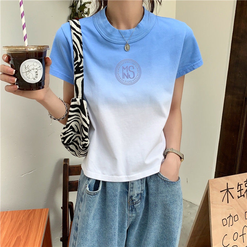 IELGY Áo Thun Ngắn Tay Nhuộm Màu gradient Phong Cách Hàn Quốc Cho Nữ