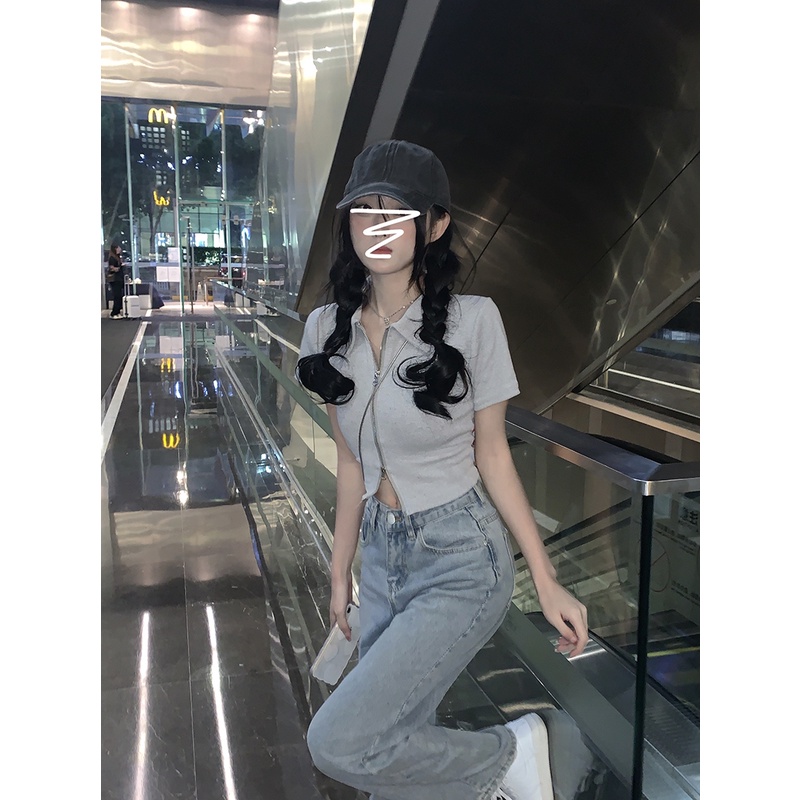 Áo Thun Xám Tay Ngắn Phối Khóa Kéo Đôi Thời Trang Mùa Hè Cho Nữ Gor22