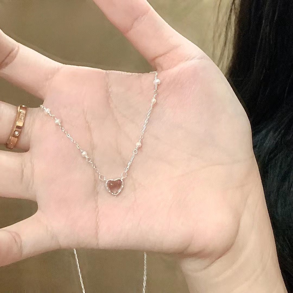 Vòng cổ 17KM mạ bạc mặt trái tim đính đá opal phong cách Hàn Quốc thời trang
