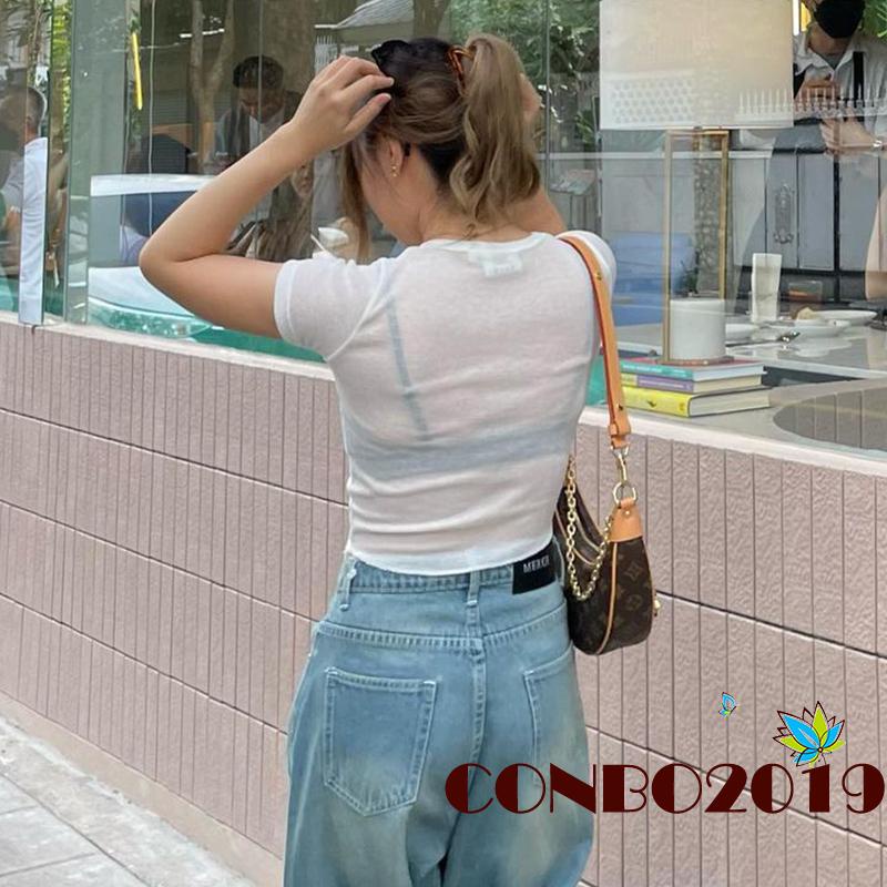 Áo Thun Crop Top Tay Ngắn Cổ Tròn In Chữ Nhìn Xuyên Thấu Thời Trang Mùa Hè Cho Nữ