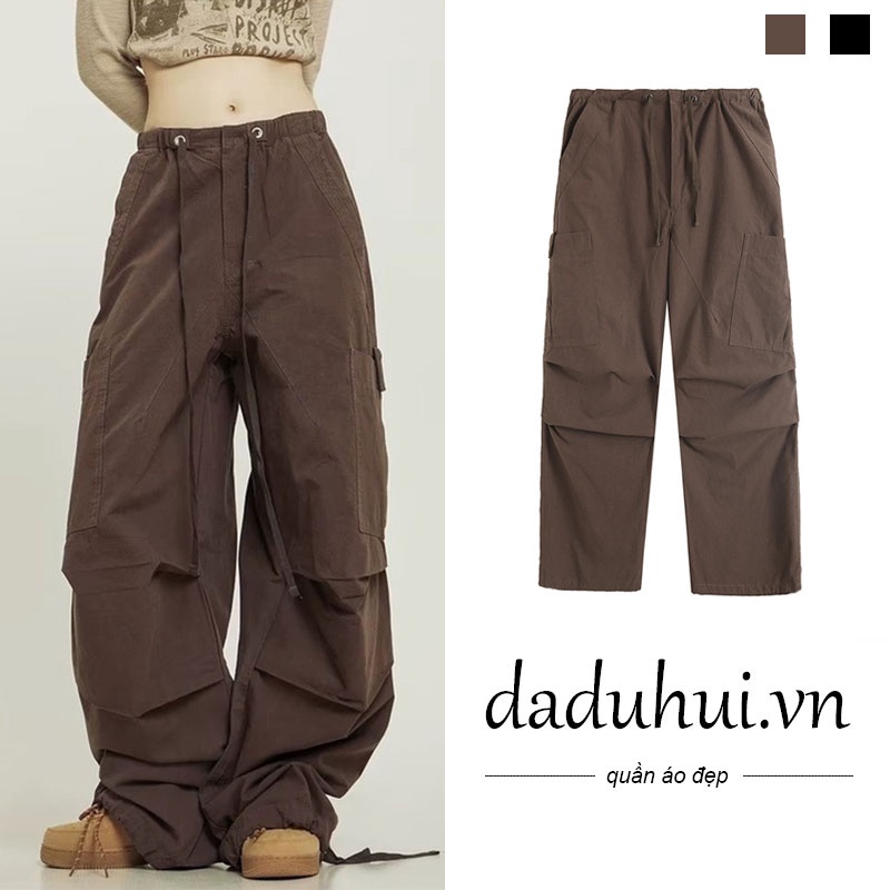 Daduhui New American Street Retro Cargo Pants High Waist Drawstring Casual Pants Plus Size Trousers