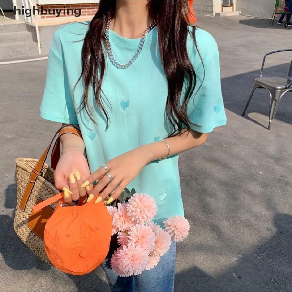 Áo Thun Tay Ngắn Cổ Tròn Thêu Hình Trái Tim Thời Trang Mùa Hè Cho Nữ