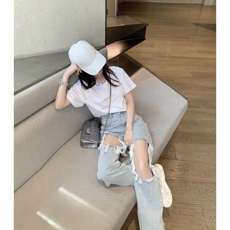 Quần Jean Dài Lưng Cao Dáng Rộng Thiết Kế Rách Thời Trang Mùa Hè Mới Cá Tính Cho Nữ