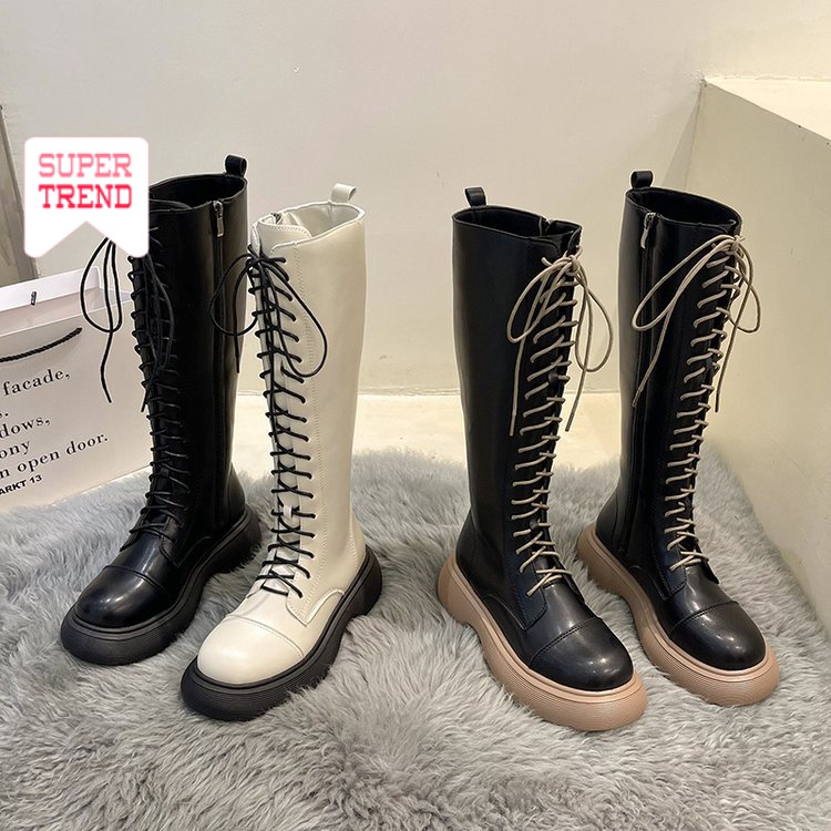 Giày Bốt Cổ Cao Mũi Tròn Cột Dây Phía Trước Buộc Dây Bên Hông Phong Cách Retro Hợp Thời Trang