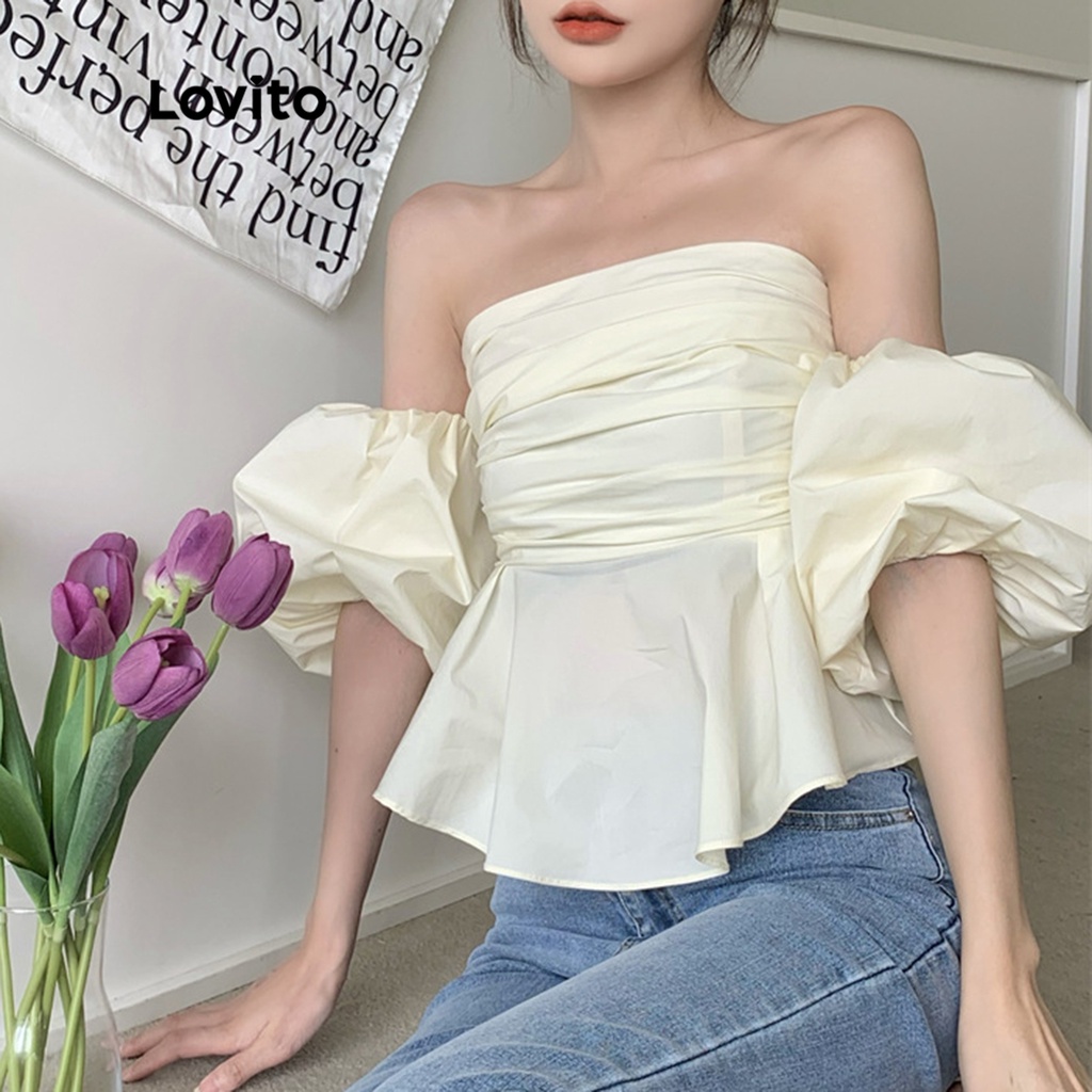 Áo tay Lovito ngắn trễ vai phối xếp nếp màu trơn thường ngày cho nữ LNE04011 (màu mơ)