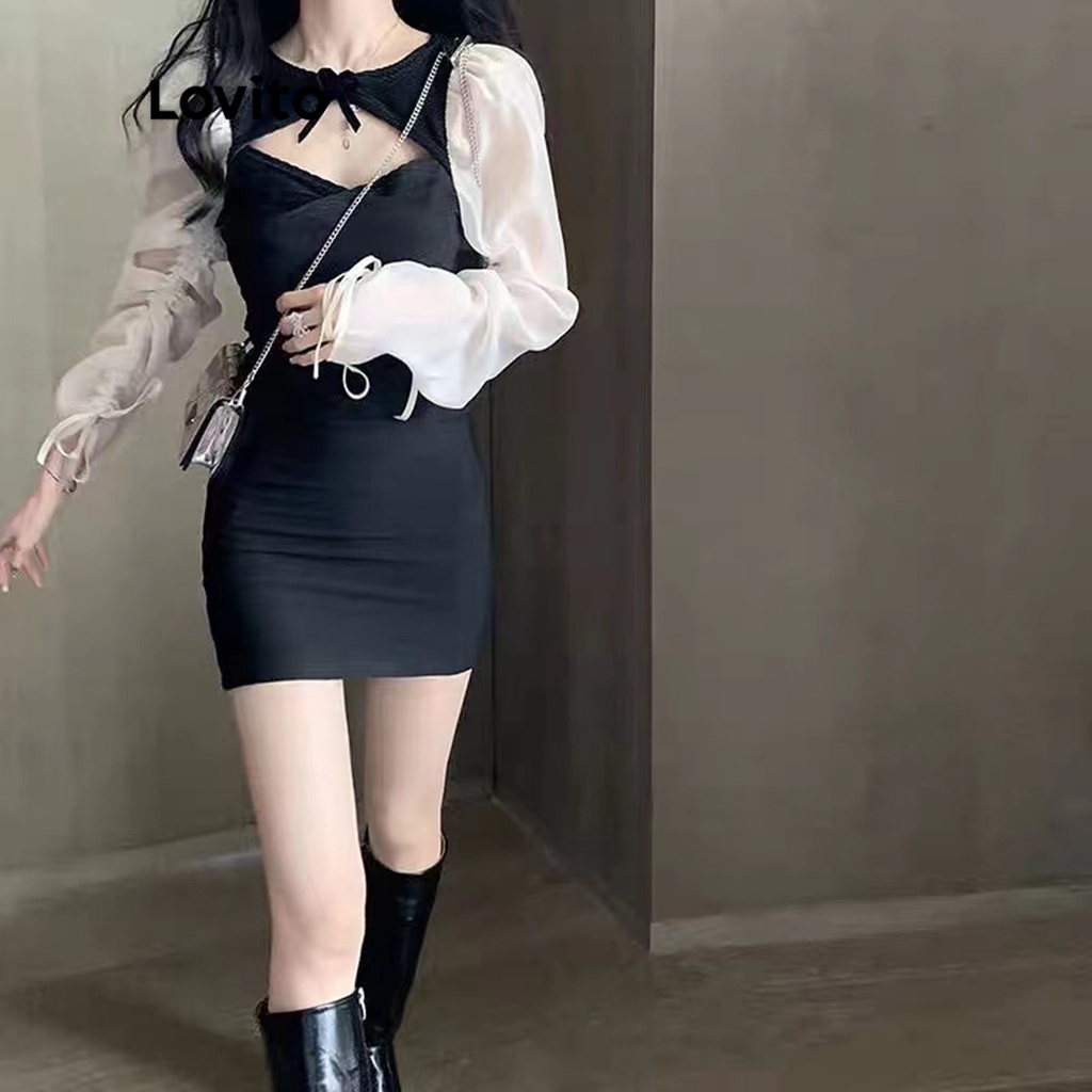 Đầm Lovito cắt xẻ màu trơn thường ngày cho nữ LNE05165 (màu đen)