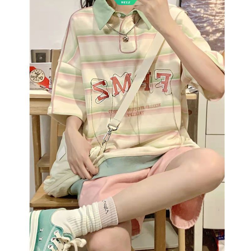 Áo polo Tay Ngắn Dáng Rộng Họa Tiết Kẻ Sọc Thời Trang Mùa Hè 2023 Cho Nữ