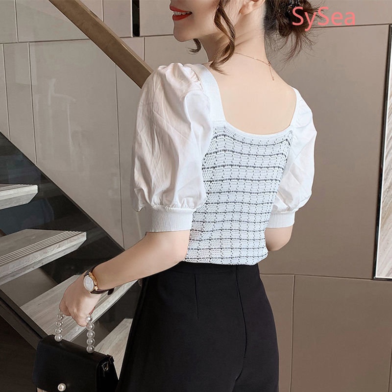 Áo Dệt Kim Tay Phồng Cổ Vuông Thời Trang Pháp Cho Nữ