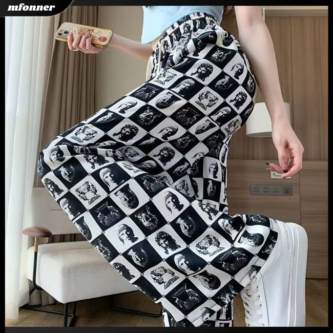 Quần Dài Lưng Cao Ống Rộng Dây Rút In Họa Tiết Thời Trang Cho Nữ