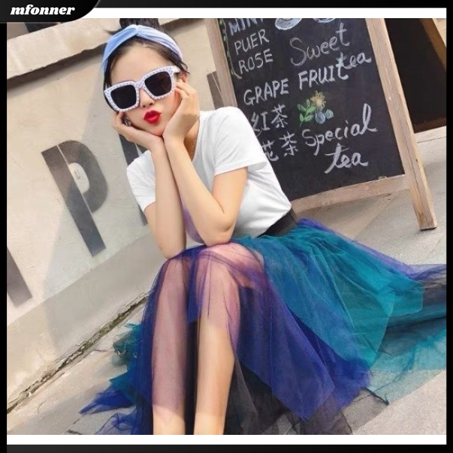 Chân Váy Chữ A Phối Lưới Lệch Tà Màu Tương Phản Thời Trang Mùa Hè Cho Nữ