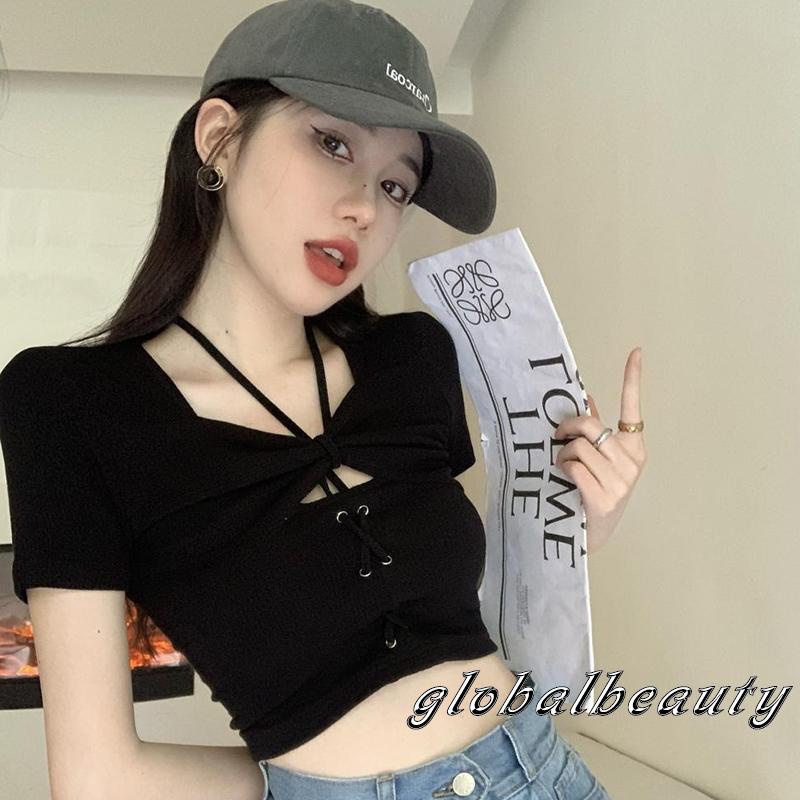 Áo Thun Crop Top Ngắn Tay Thắt Nơ Trước Màu Trơn Thời Trang Mùa Hè Dành Cho Nữ