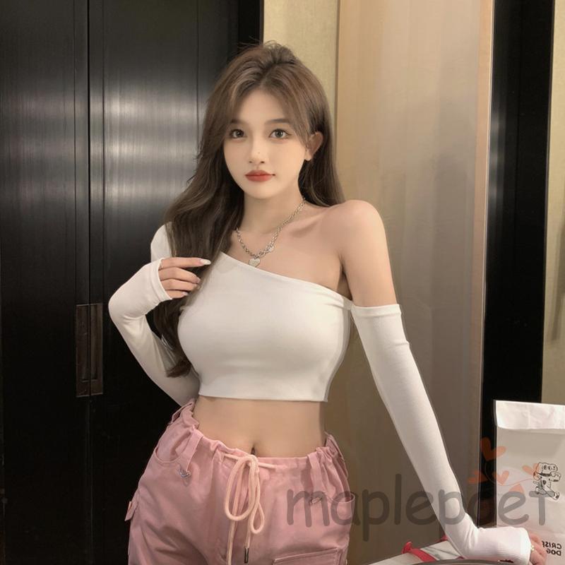 Áo Thun Croptop Tay Dài Lệch Vai Màu Sắc Đơn Giản Dành Cho Nữ