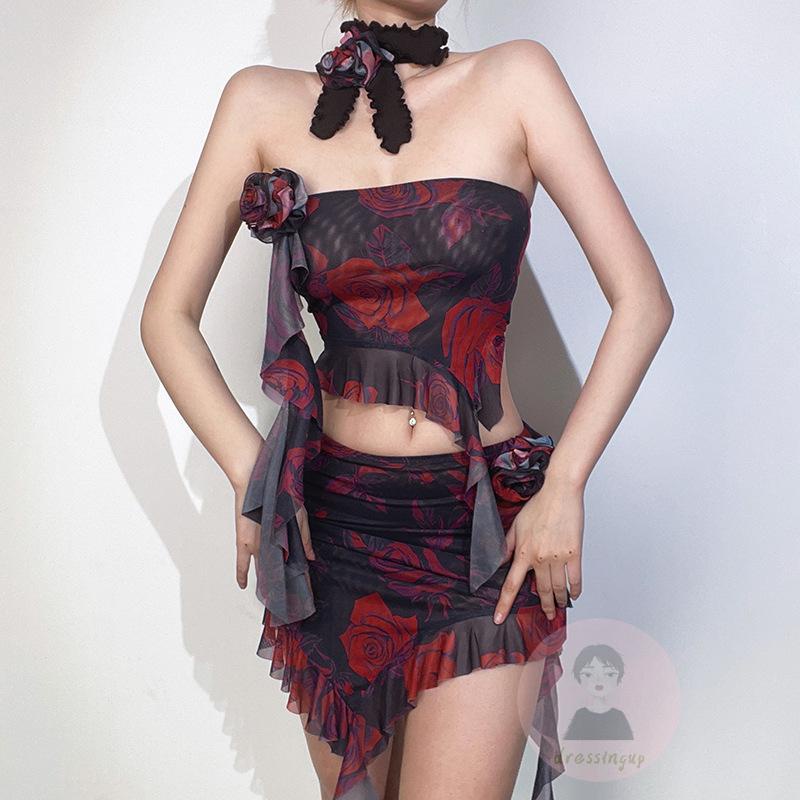 Set Áo Trễ Vai Không Tay + Chân Váy Ngắn In Hoa Thời Trang Nữ