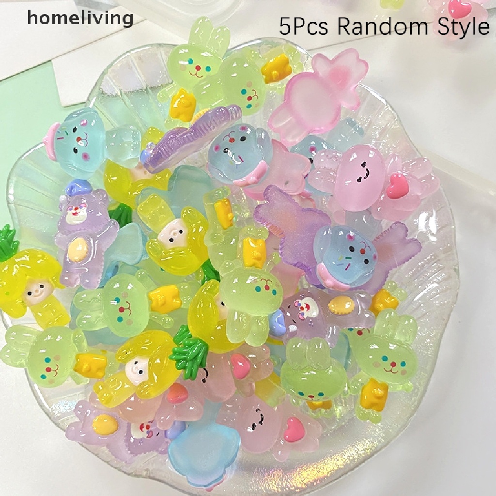 Bộ 5 Tượng Thỏ / Gấu Hoạt Hình Màu Dạ Quang Trang Trí Ốp Điện Thoại DIY