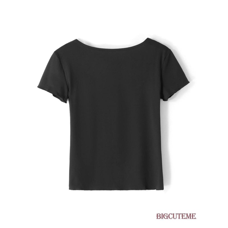 Áo Thun Tay Ngắn Giả 2 Mảnh Phối Ren Dáng Ôm Thời Trang Cho Nữ Đen