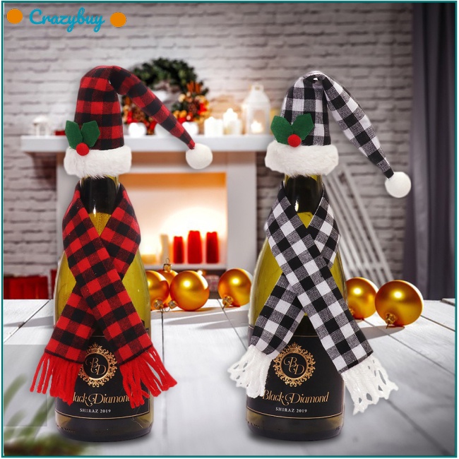 Cr Set Áo Bọc Chai Rượu Phối Khăn Choàng / Nón Họa Tiết Caro Phong Cách Giáng Sinh Độc Đáo