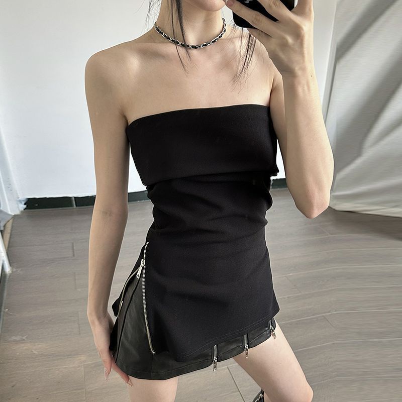 COZOKC Áo Dệt Kim Sát Nách Màu Trơn Phối Khóa Kéo Gợi Cảm
