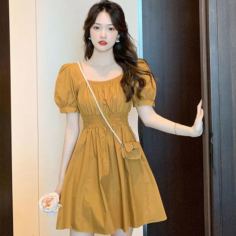 Đầm Dáng Chữ a Cổ Vuông Tay Phồng Ôm Eo Kiểu Pháp Thời Trang Mùa Hè Cho Nữ