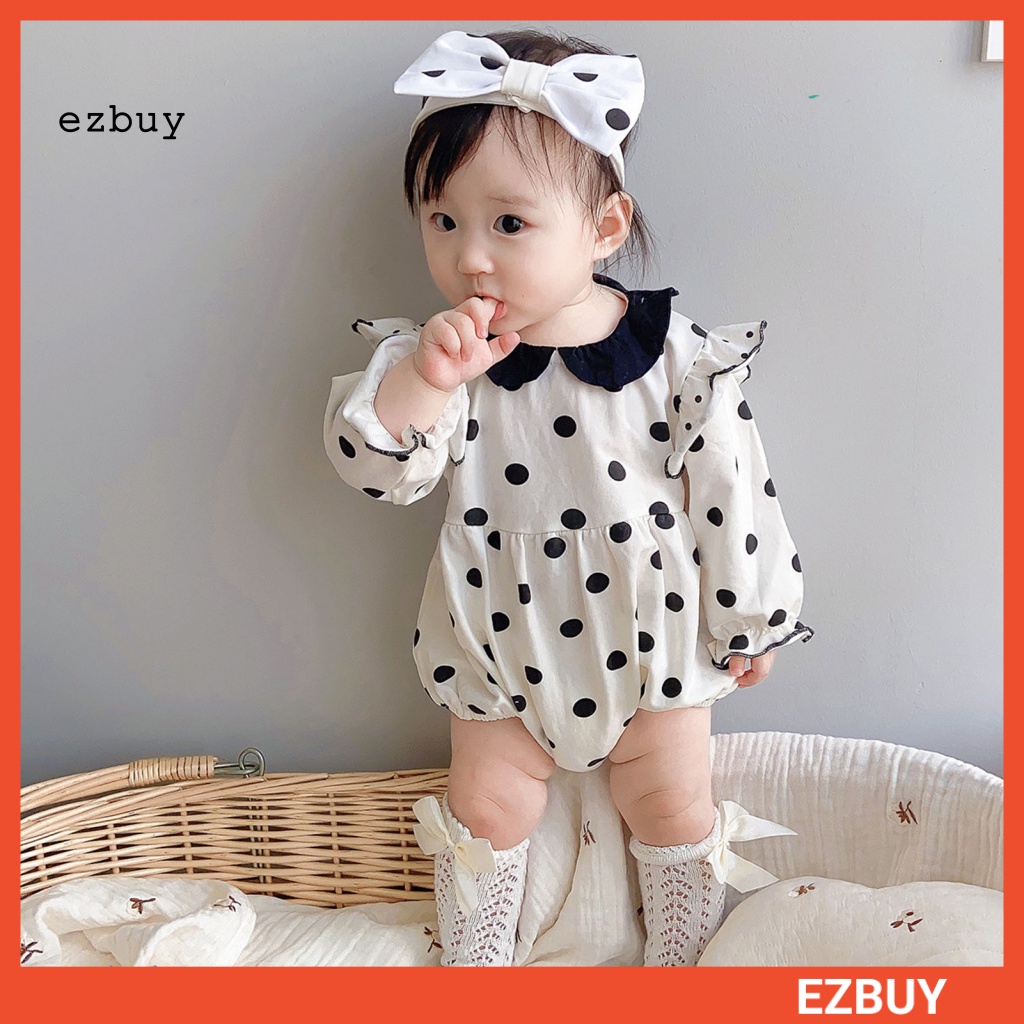 Set 2 Món Áo Liền Quần Bằng Cotton Thân Thiện Với Da In Họa Tiết Chấm Bi + Băng Đô Cài Tóc Cho Bé Gái