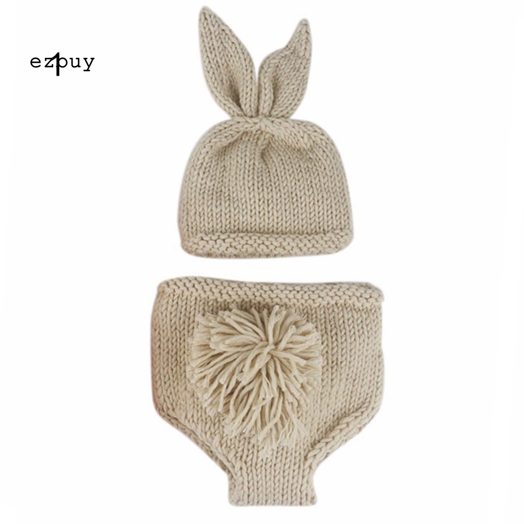 1 Set Mũ Tai Thỏ Đan Len Thủ Công + Quần Short Dùng Làm Đạo Cụ Chụp Ảnh Cho Bé Sơ Sinh