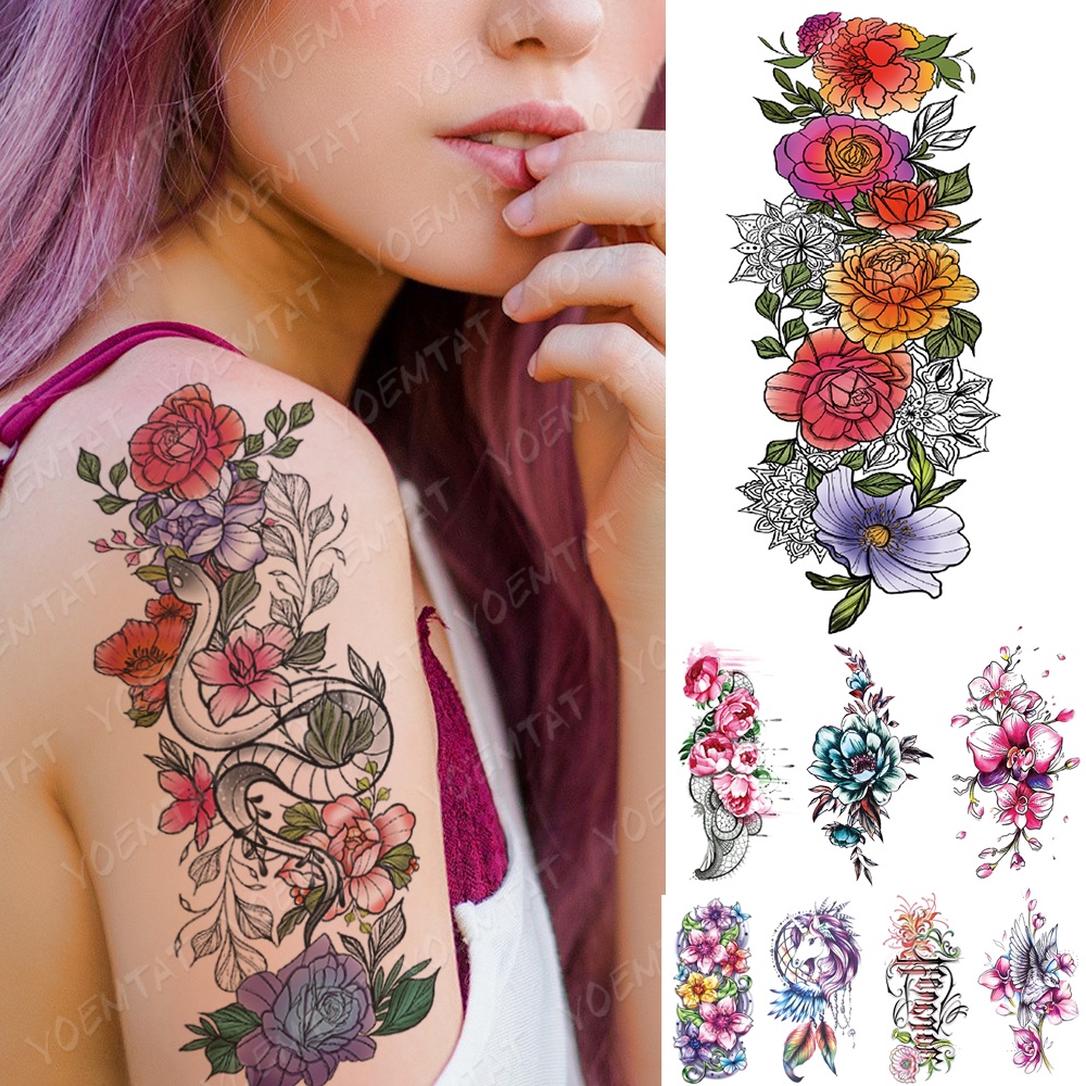 Hình Xăm Dán Tạm Thời Chống Nước Hình Hoa Mẫu Đơn Và Hoa Hồng Lãng Mạn
