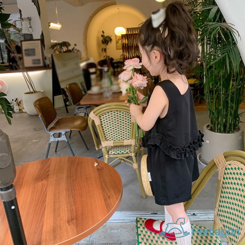 Bộ Áo Cotton Cổ Vuông + Quần Short Dáng Rộng Màu Trơn Thời Trang Mùa Hè Cho Bé Gái