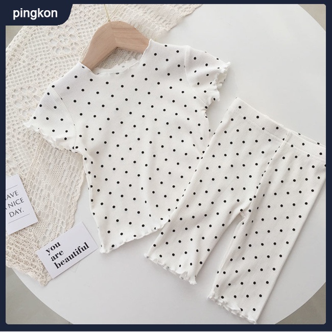 Bộ Đồ Ngủ 2 Món Áo Thun Tay Ngắn Cổ Tròn In Chấm Bi Phối Quần Dài Vải Mỏng Thời Trang Mùa Hè Cho Bé Gái