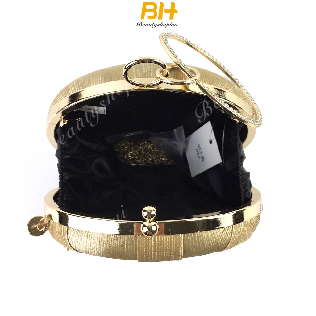 Túi Xách Dự Tiệc Đính Đá Phối Dây Xích Tròn Thiết Kế Mới Cao Cấp Thời Trang Cho Nữ