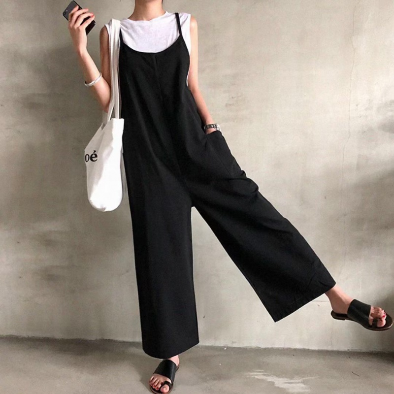 Jumpsuit Ống Rộng Màu Đen Kiểu Dáng Đơn Giản Thời Trang Theo Phong Cách Hàn Quốc