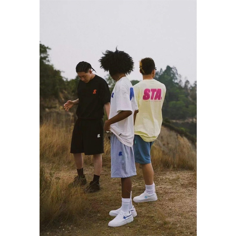 Sta &amp; Phantom Áo Thun Cotton Tay Ngắn Dáng Rộng Cổ Tròn In Chữ Xù Phong Cách Đường Phố Cao Cấp Cho Nam Và Nữ