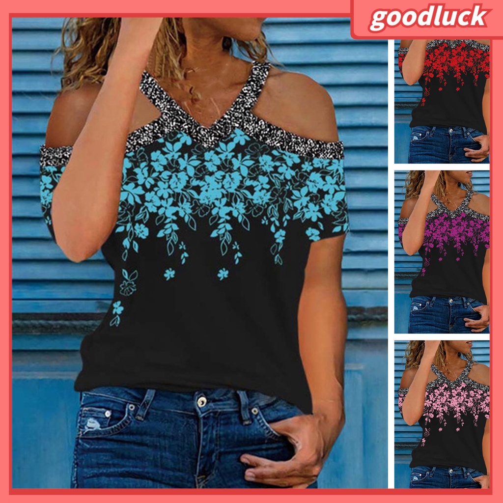 Áo Thun Mùa Hè Khoét Vai In Họa Tiết Hoa Phong Cách Đường Phố Cho Nữ