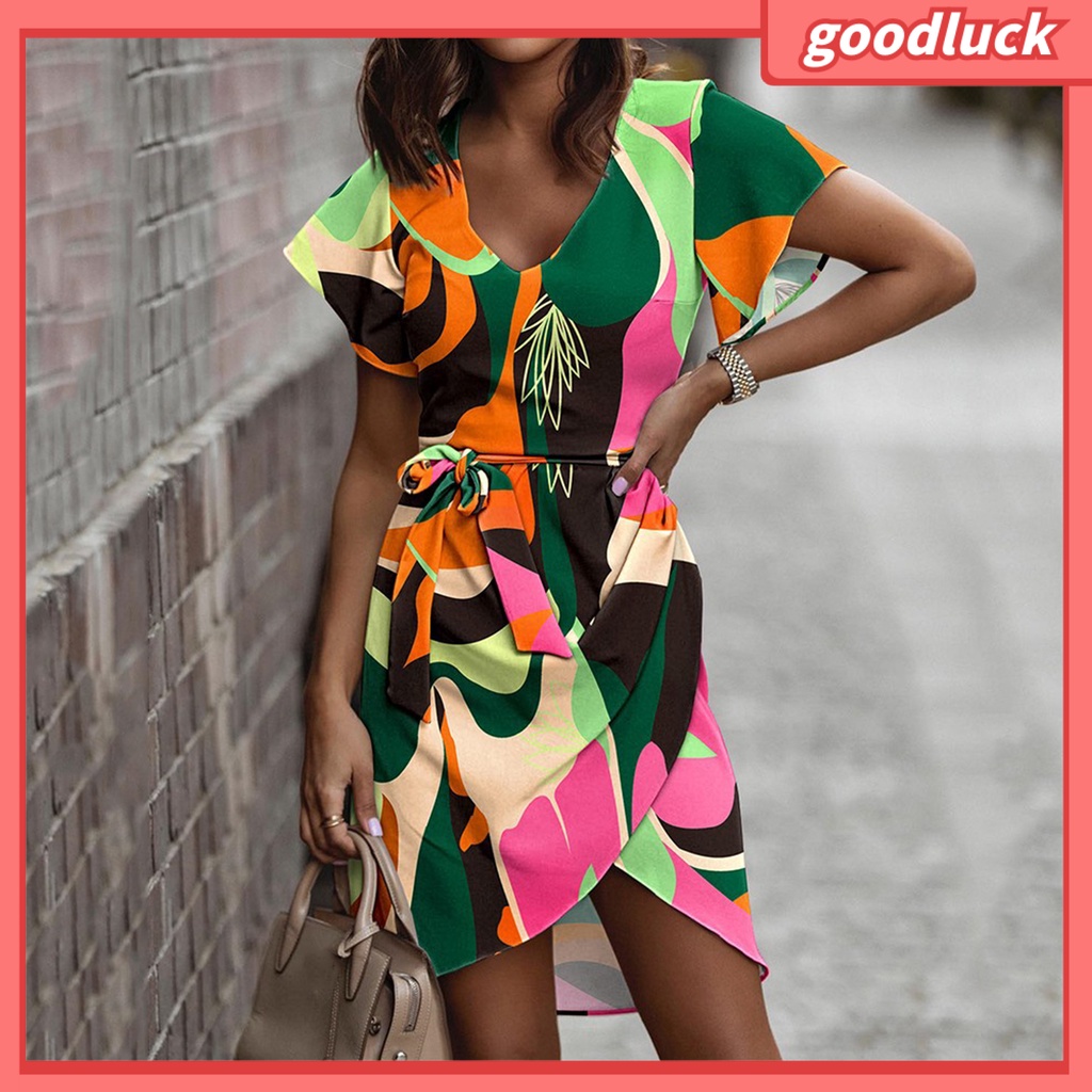 [ULK] Đầm Tay Ngắn Cổ Chữ V In Hoa Phối Dây Cột Eo Không Đều Màu Thời Trang Đi Biển Mùa Hè Dành Cho Nữ