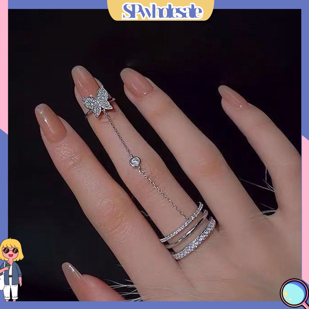<SPwholesale> Bộ Nhẫn Hở Ba Lớp Sáng Bóng Đính Đá Hình Bướm Tua Rua Làm Quà Sinh Nhật Cho Nữ