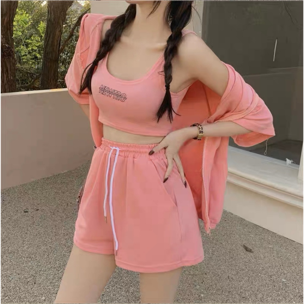 SET 3 MÓN THỂ THAO HỒNG: ÁO THỂ THAO NÓN TAY LỠ + ÁO BA LỖ HỒNG + QUẦN SHORT HỒNG LƯNG THUN ANGI HOME