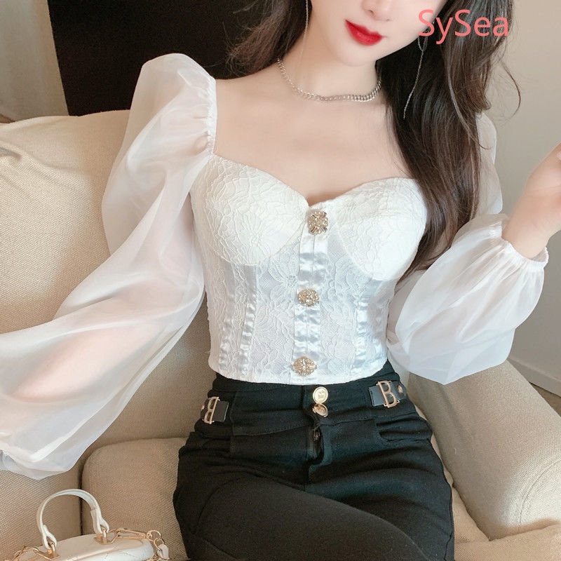 Áo Kiểu Tay Phồng Cổ Vuông Phối Ren Phong Cách Hàn Quốc