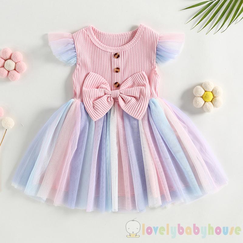 Đầm Dáng Chữ A Tay Bay Phối Lưới Và Nơ Màu Cầu Vồng Thời Trang Mùa Hè Cho Bé Gái