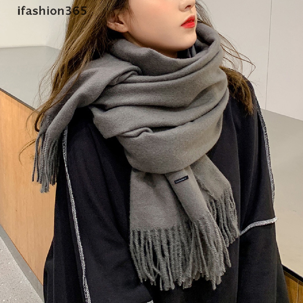 Khăn Choàng Cổ Dệt Kim Dày Dặn Màu Trơn Đính Tua Rua Thời Trang Mùa Đông Cho Nữ [ifashion365]