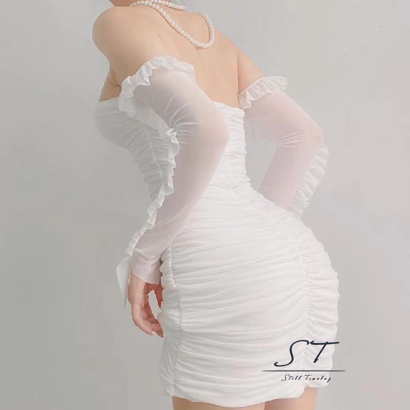 Cy03-đầm Ôm Dáng Tay Dài Cổ Thuyền Hở Lưng Phối Lưới Xuyên Thấu Màu Trơn Cho Nữ