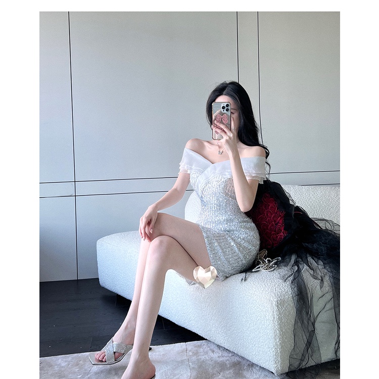 Đầm Trễ Vai Ôm Dáng Đính Kim Sa Lấp Lánh Thời Trang Cao Cấp