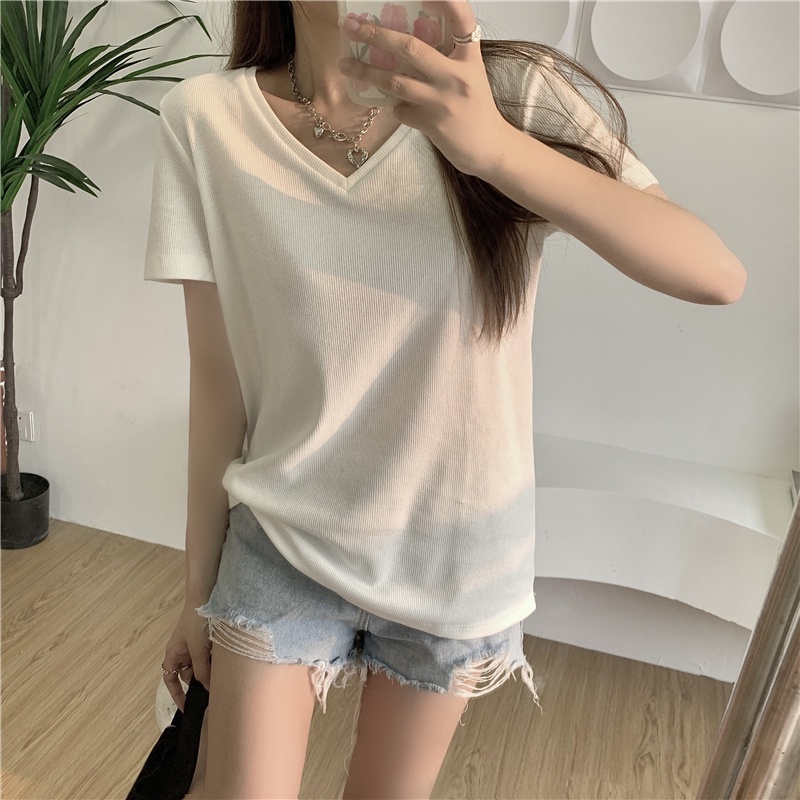 Áo Thun Tay Ngắn Cổ Chữ V Form Rộng Thiết Kế Đơn Giản Cho Nữ